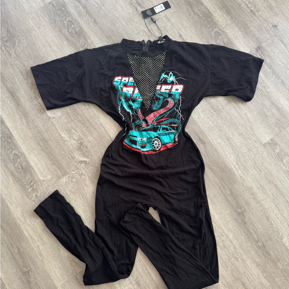 Black Graphic Jumpsuit with Car Design